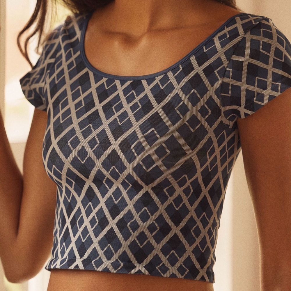 Anthropologie Lyrebird Navy and Light Gray Geometric Scoop Crop Top